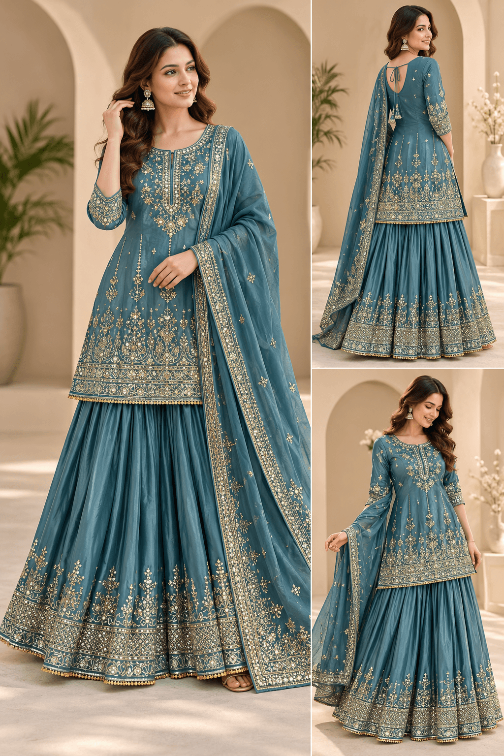 Heavy Chinon Silk Suit Set - Blue - view 6
