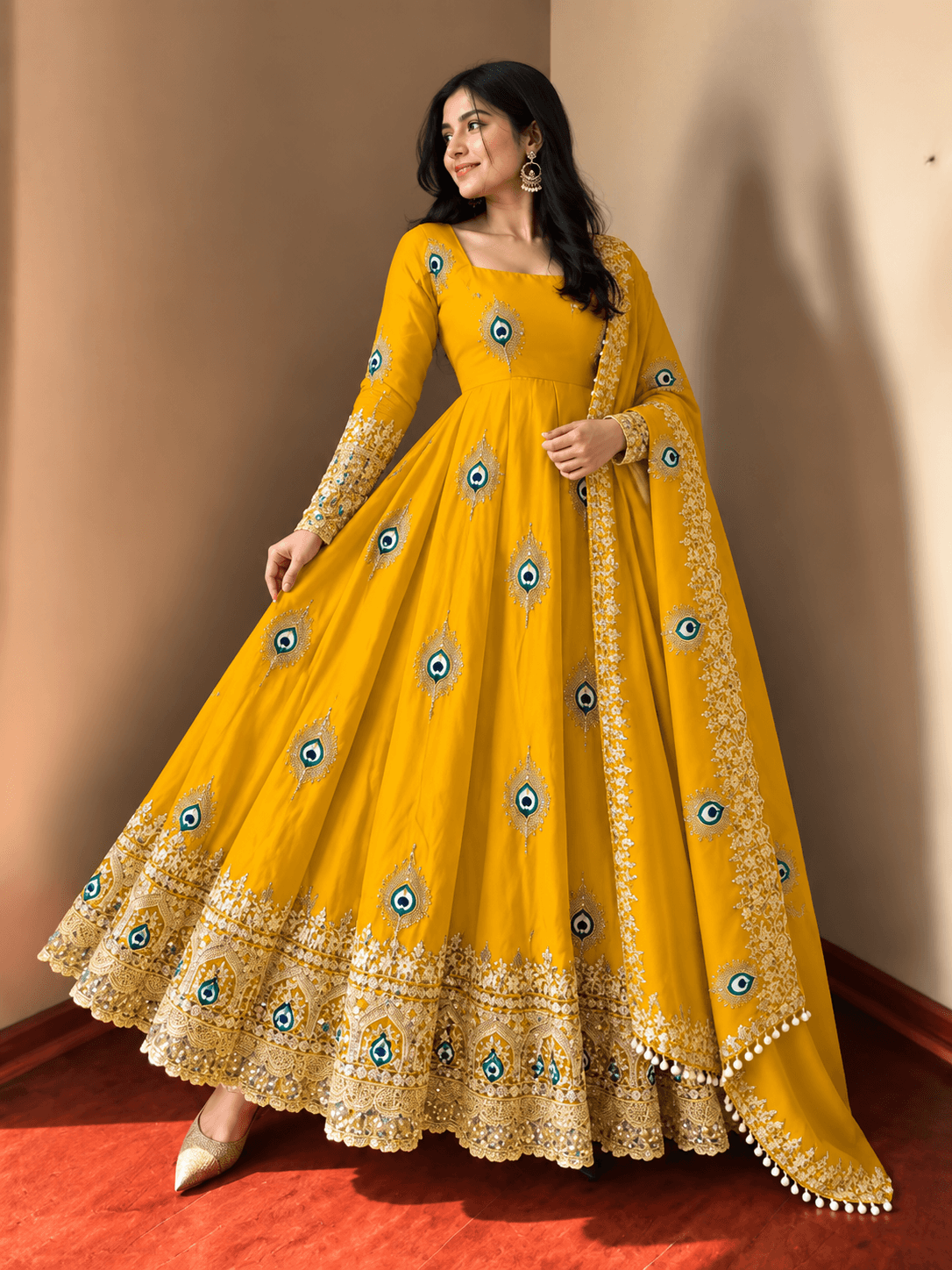 Pure Fendy Silk Anarkali Gown Set - Yellow - view 4