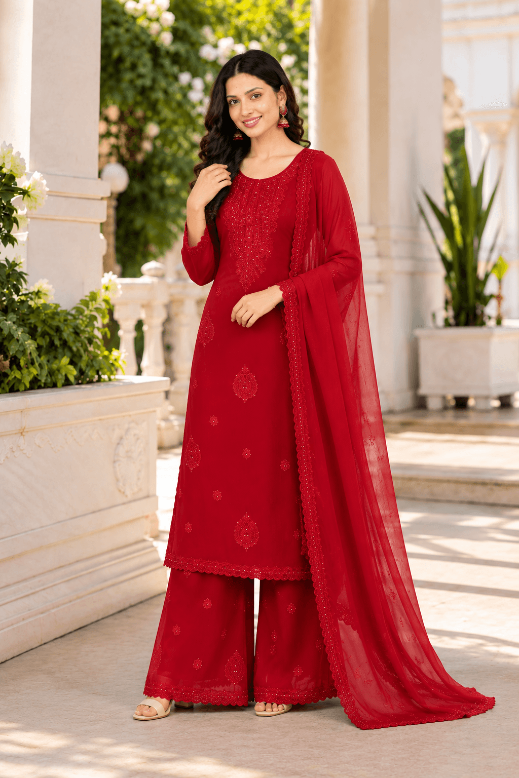 Premium Fox Blooming Georgette Suit set - Red - view 4