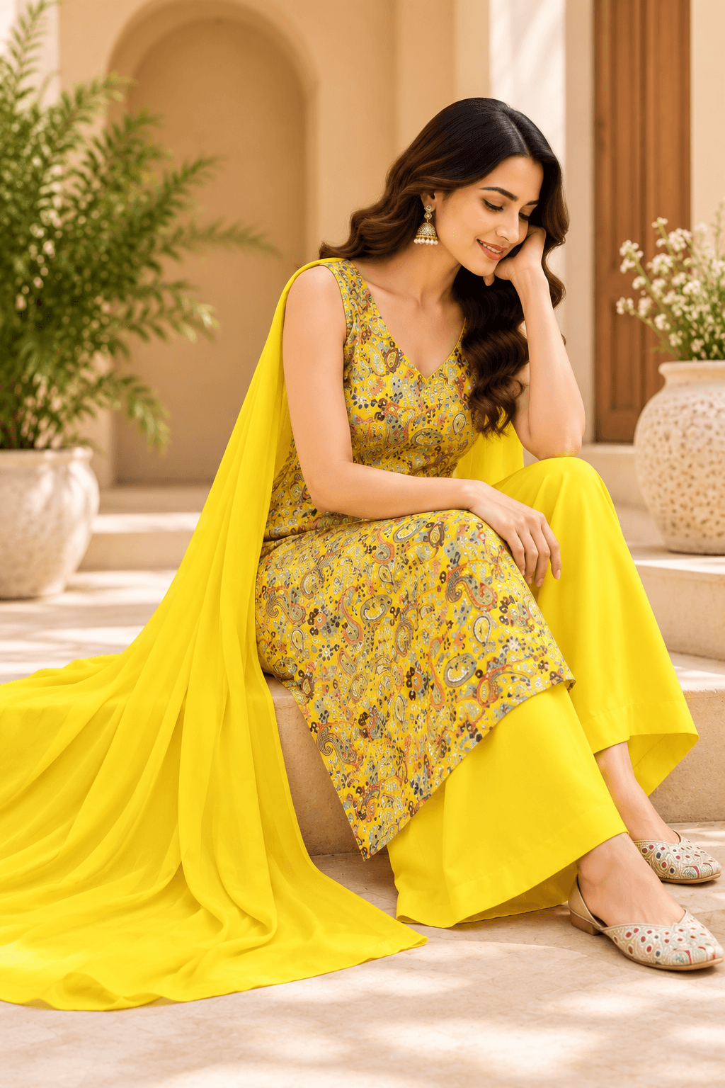 Faux Georgette Salwar Suit Set - Yellow