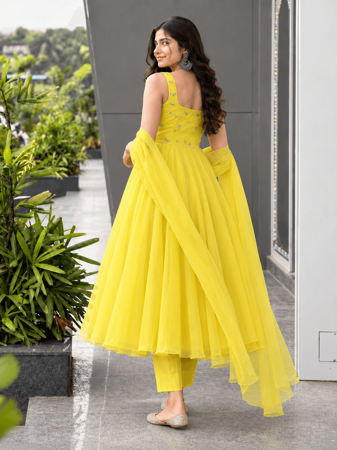 Premium Faux Georgette Anarkali Gown Set - Yellow - view 4