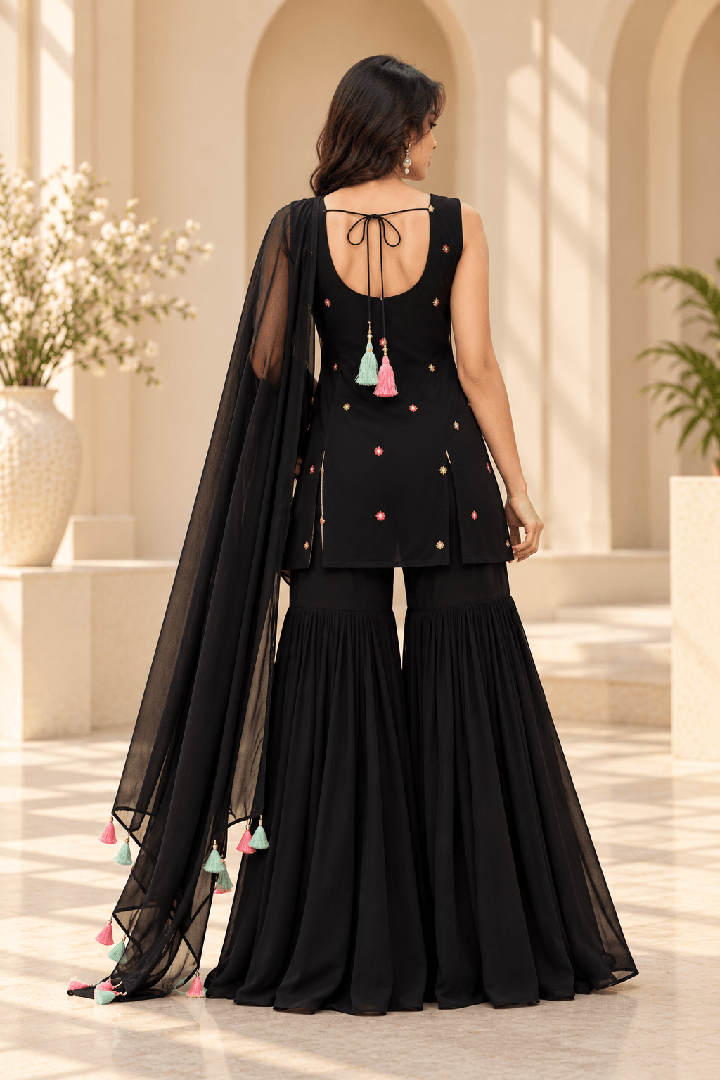 Faux Georgette Salwar Suit Set - Black - view 3