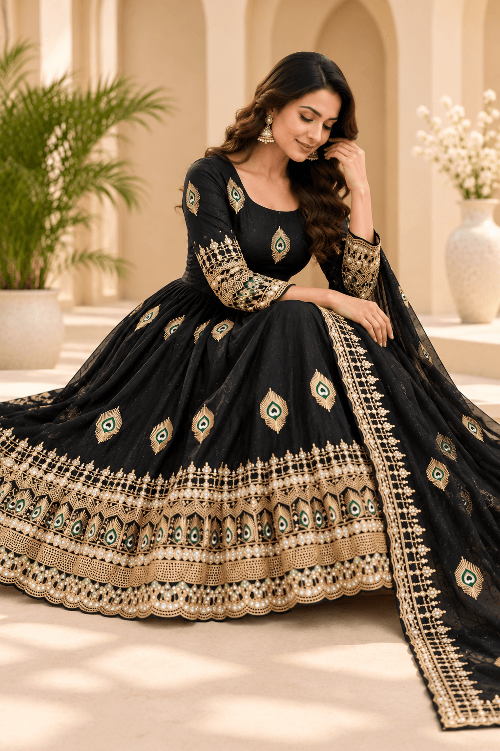 Pure Fendy Silk Anarkali Gown Set - Black - view 4