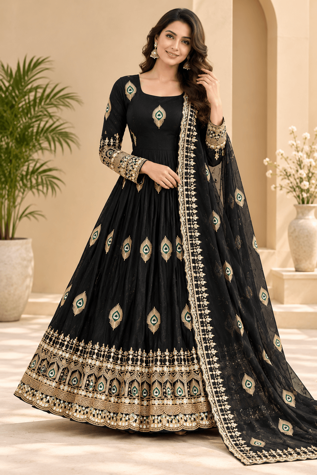 Pure Fendy Silk Anarkali Gown Set - Black