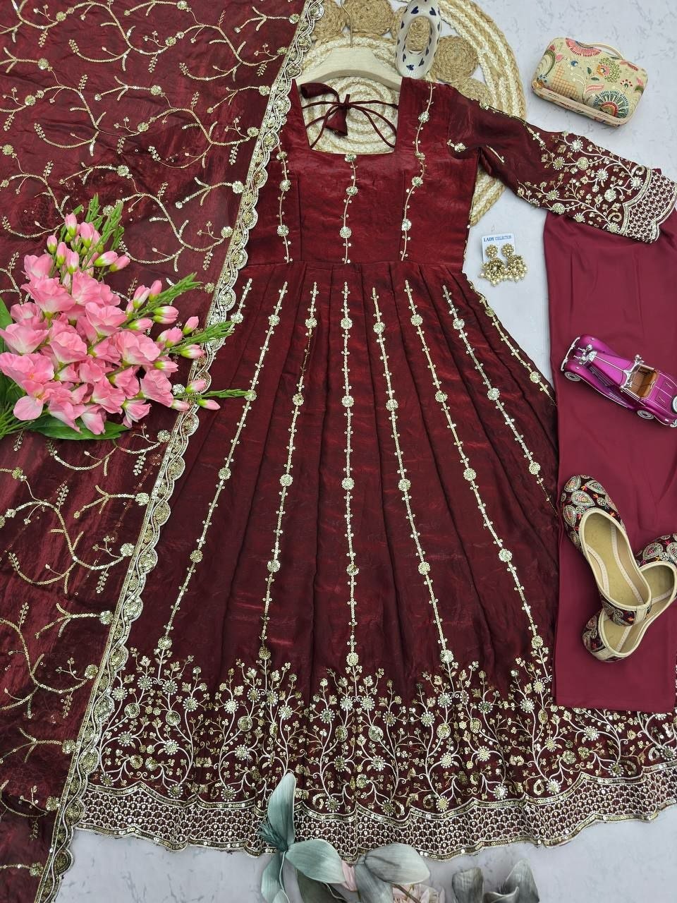 Heavy Fandy Silk Anarkali Gown Set - view 1