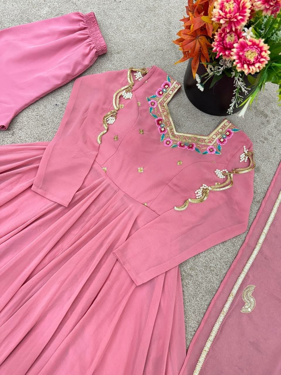 Faux Georgette Anarkali Gown Set - view 5
