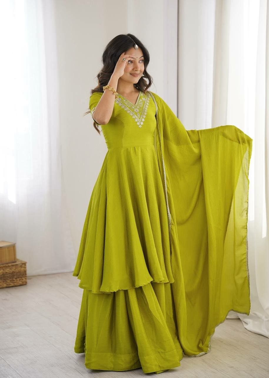 Heavy Chinon Silk Salwar Suit Set - Lime Green - view 1
