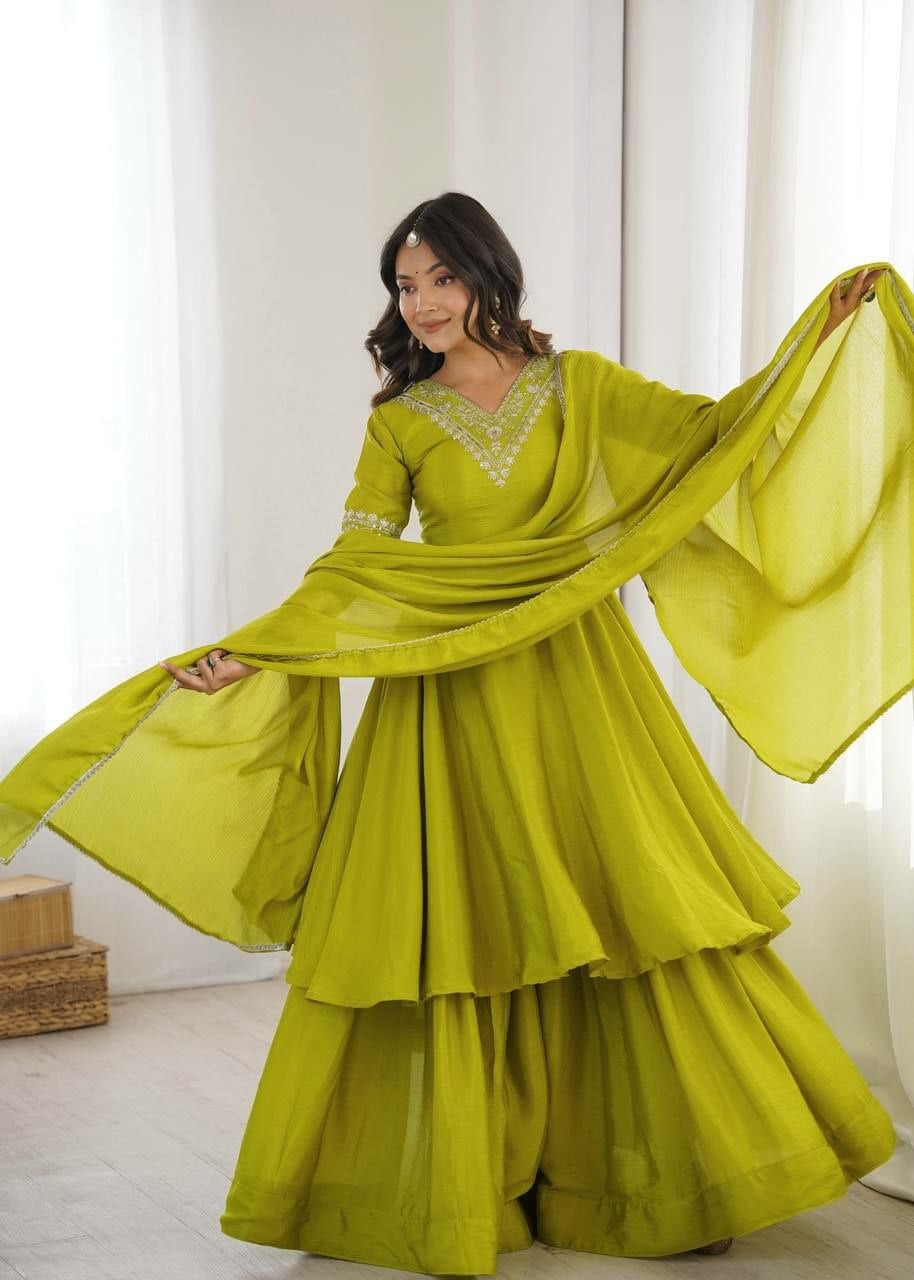 Heavy Chinon Silk Salwar Suit Set - Lime Green
