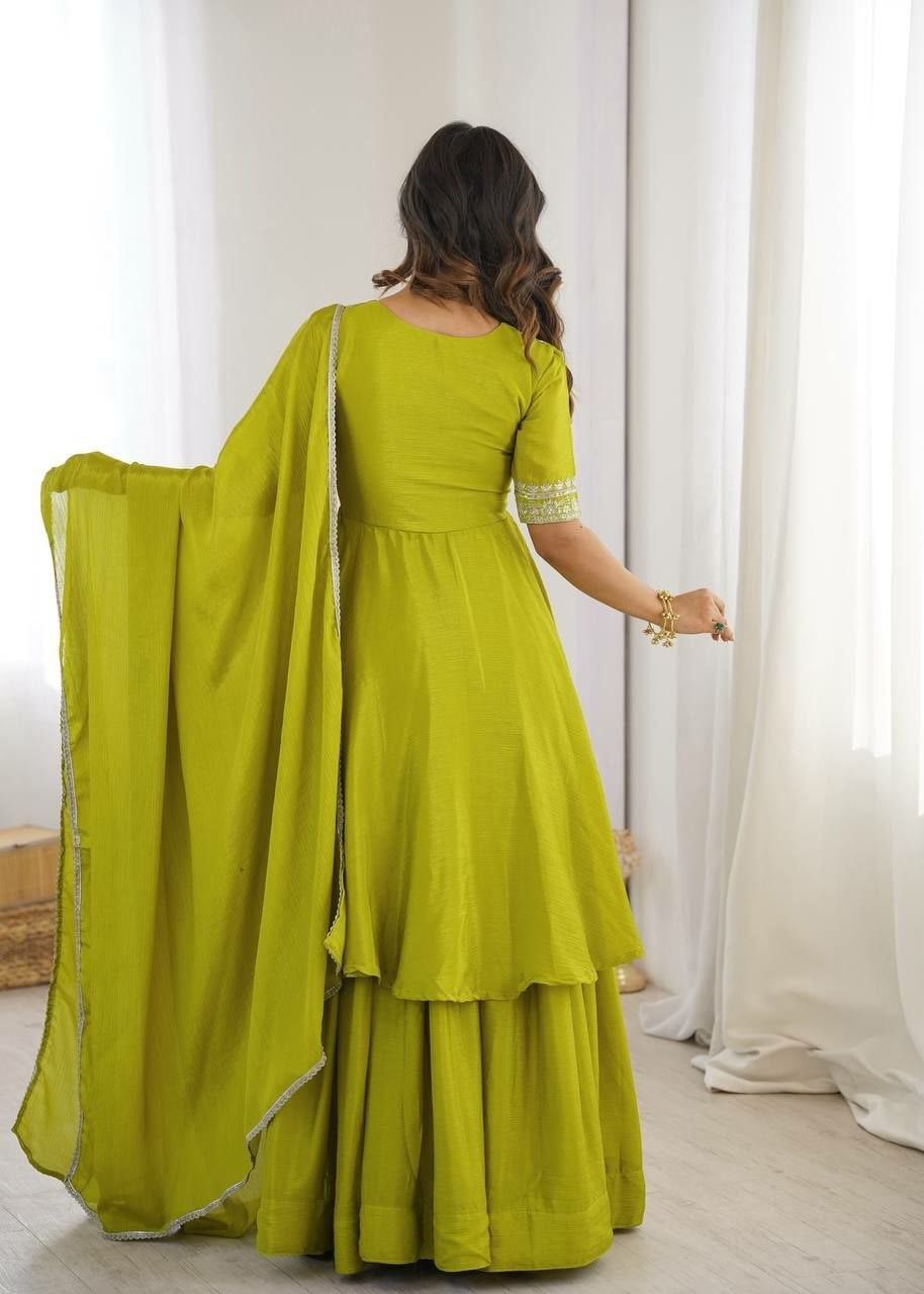 Heavy Chinon Silk Salwar Suit Set - Lime Green