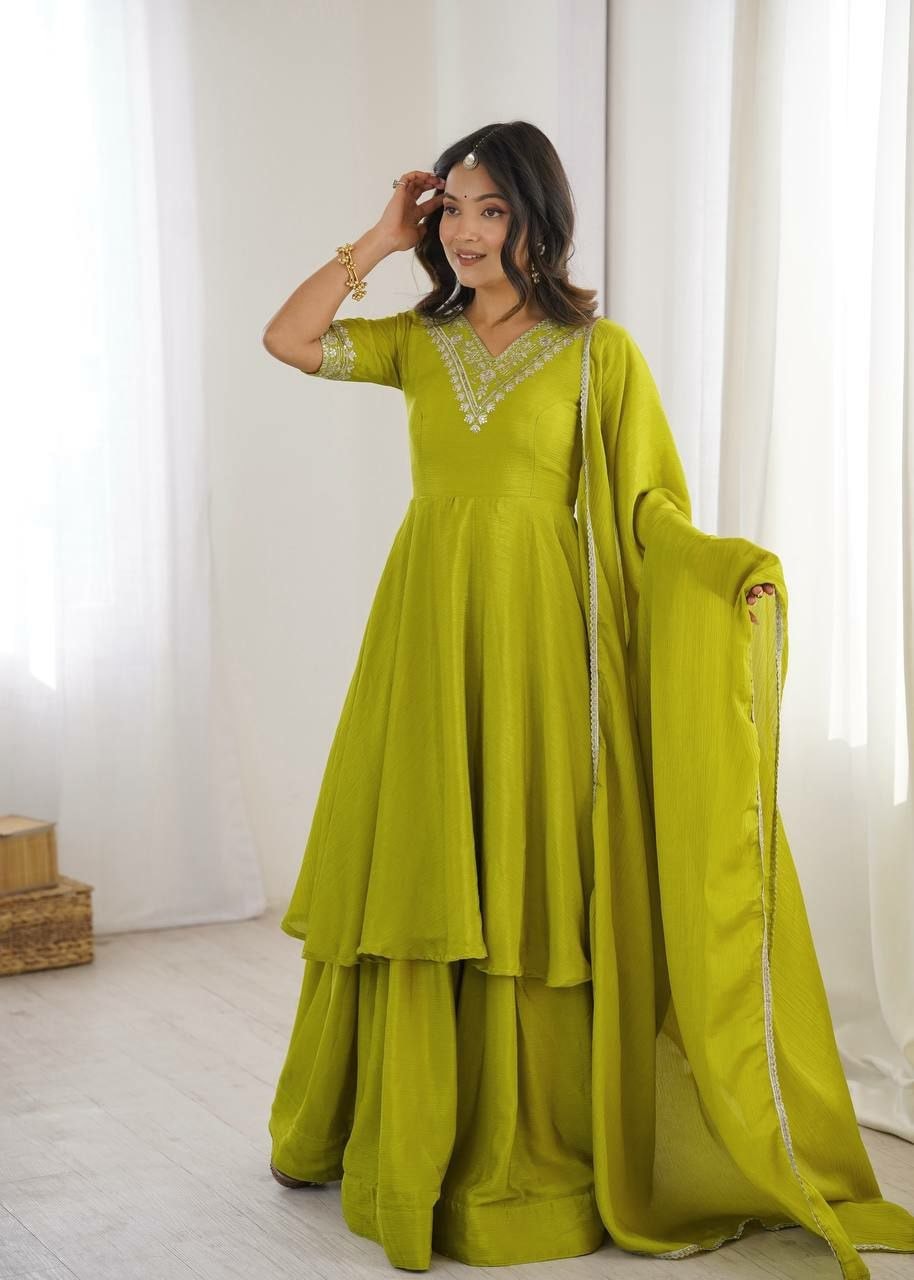 Heavy Chinon Silk Salwar Suit Set - Lime Green - view 2