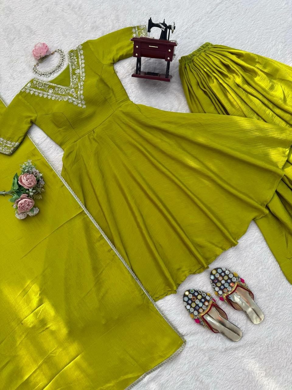 Heavy Chinon Silk Salwar Suit Set - Lime Green - view 6