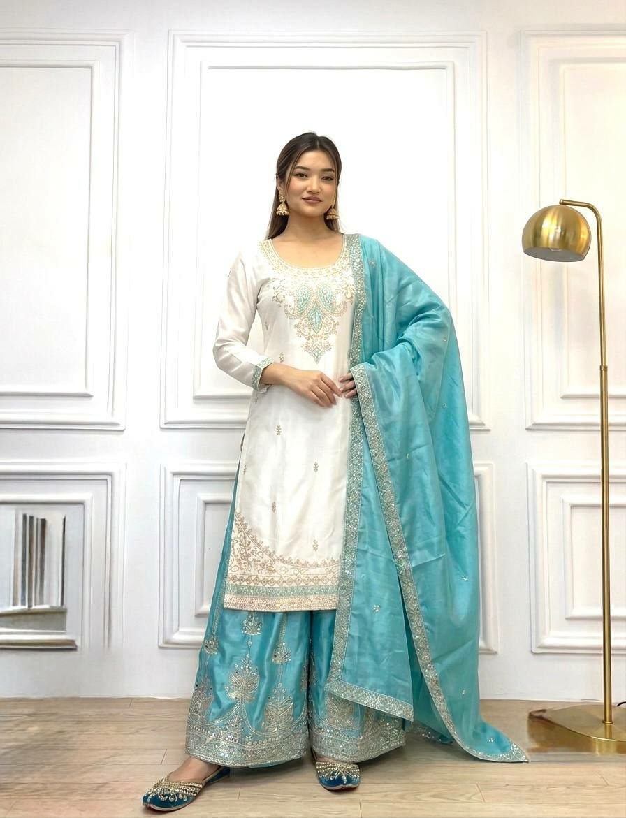 Pure Chinon Silk Salwar Suit Set - Sky - view 2