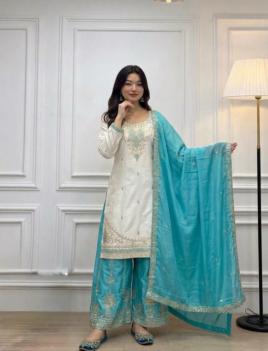 Pure Chinon Silk Salwar Suit Set - Sky