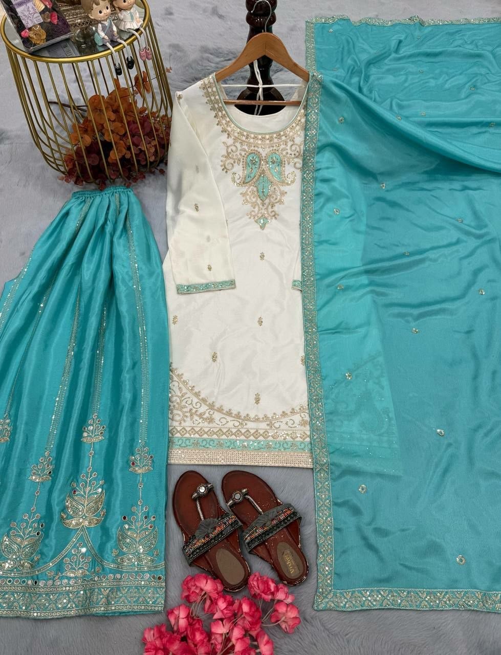 Pure Chinon Silk Salwar Suit Set - Sky