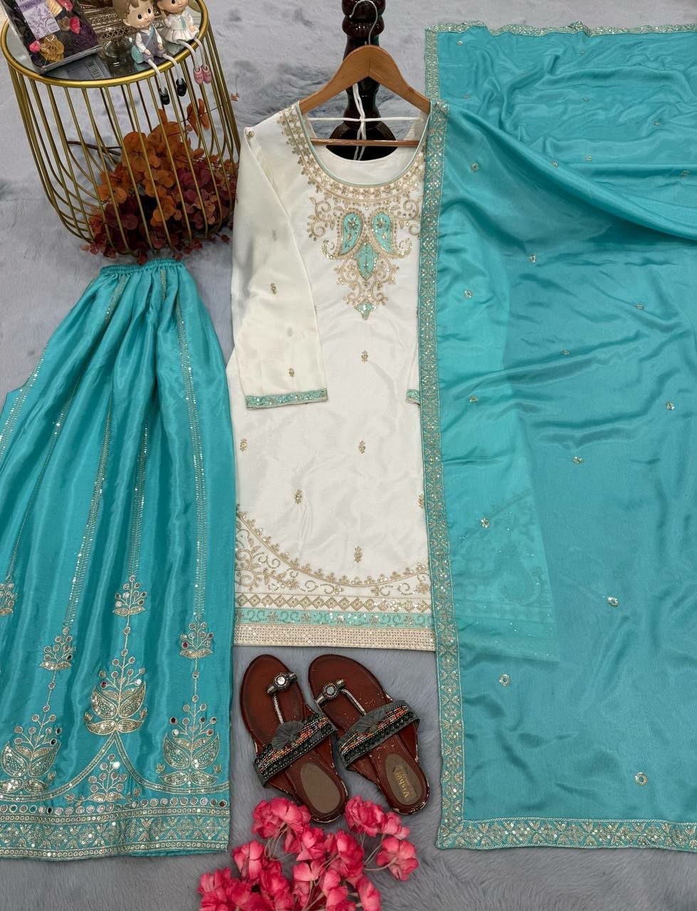 Pure Chinon Silk Salwar Suit Set - Sky - view 4