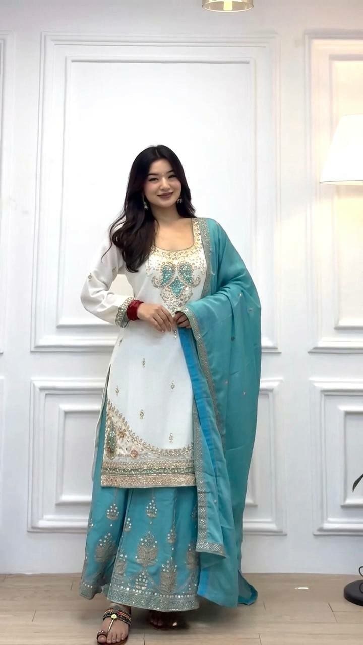 Pure Chinon Silk Salwar Suit Set - Sky - view 5