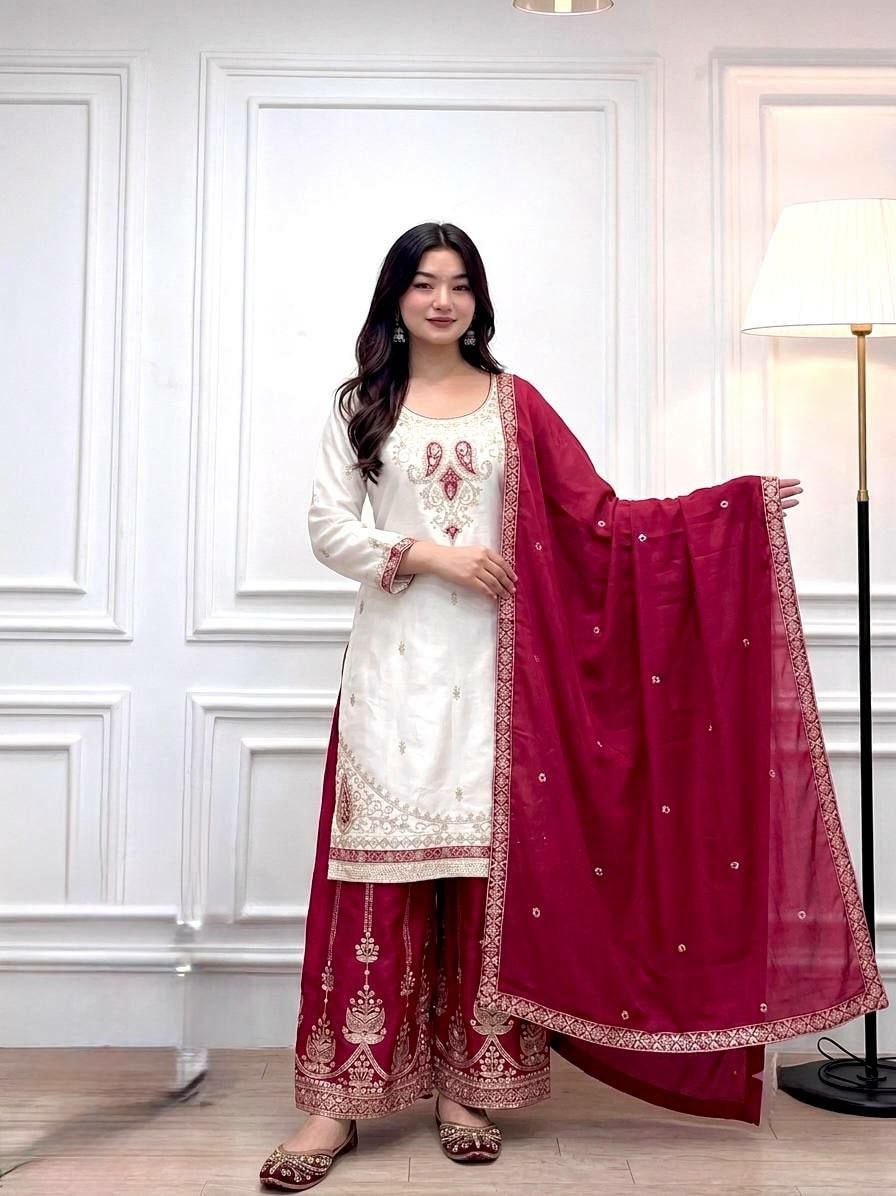 Pure Chinon Silk Salwar Suit Set - Red - view 1
