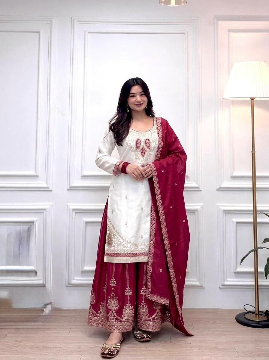 Pure Chinon Silk Salwar Suit Set - Red