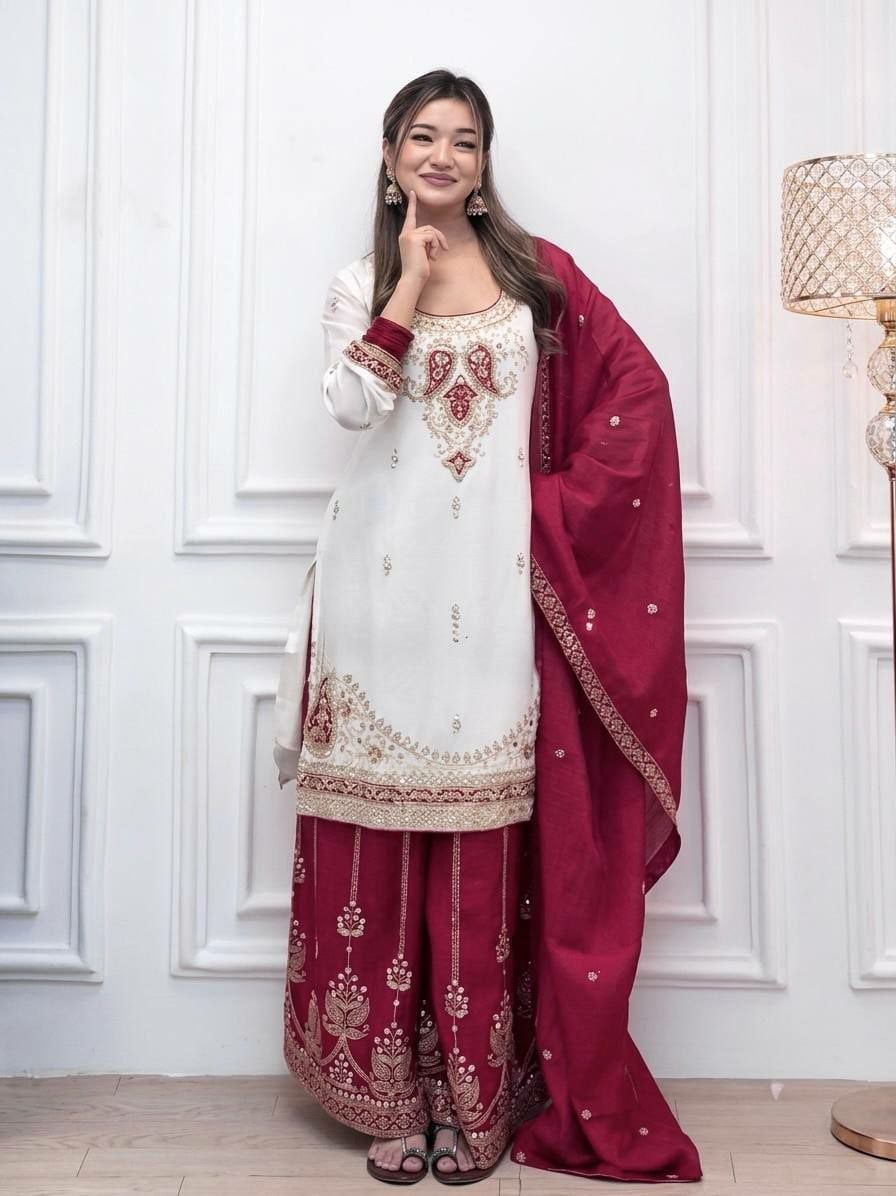Pure Chinon Silk Salwar Suit Set - Red