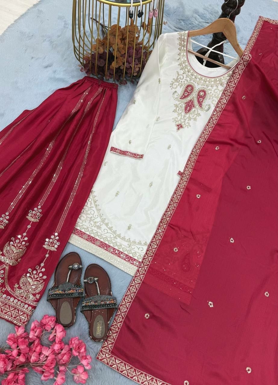 Pure Chinon Silk Salwar Suit Set - Red - view 4