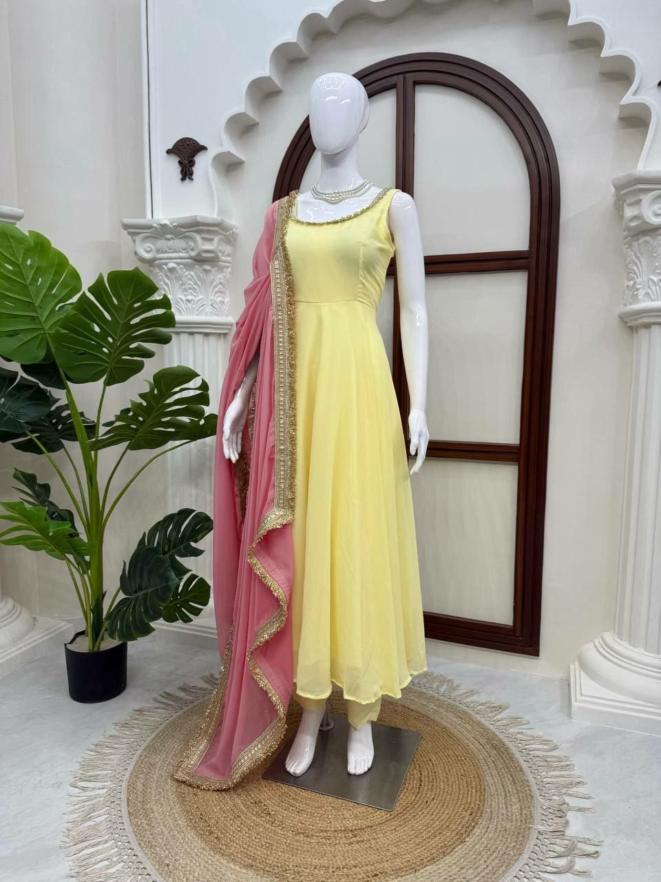 Premium Faux Georgette Suit Set - Yellow - view 3