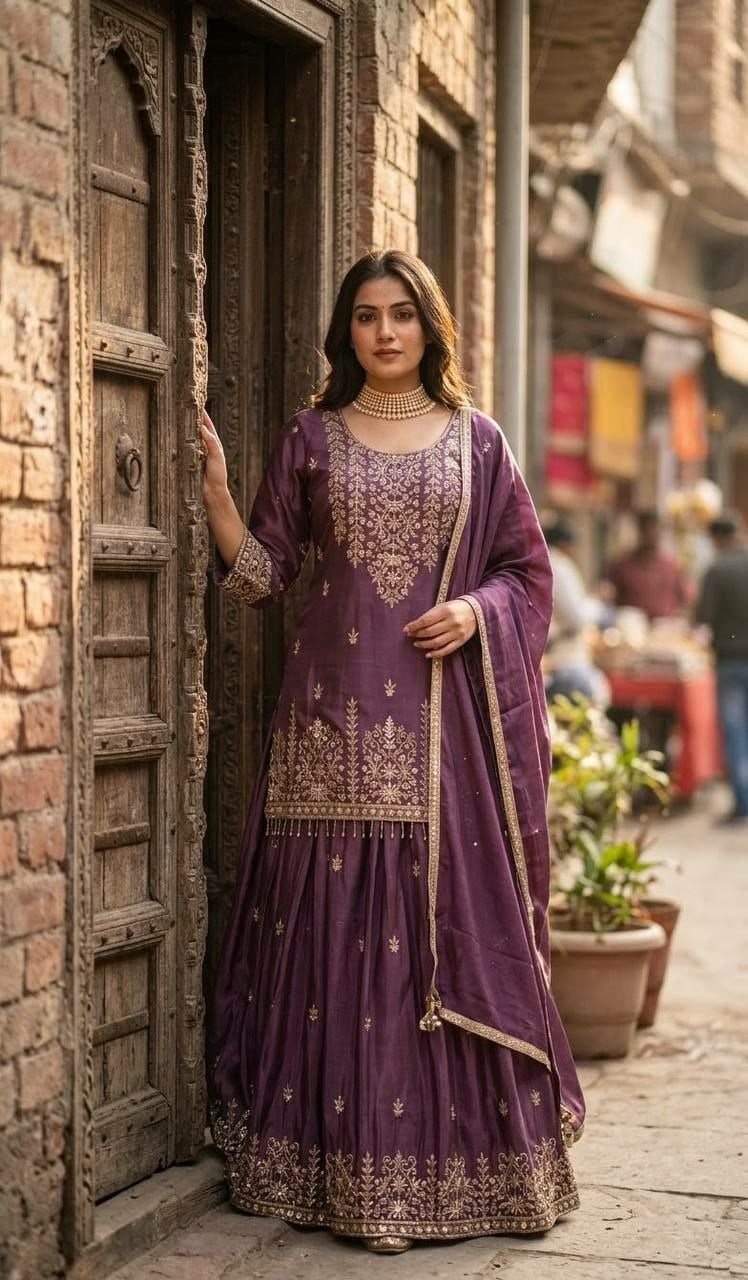 Pure Chinon Silk Salwar Suit Set - Purple
