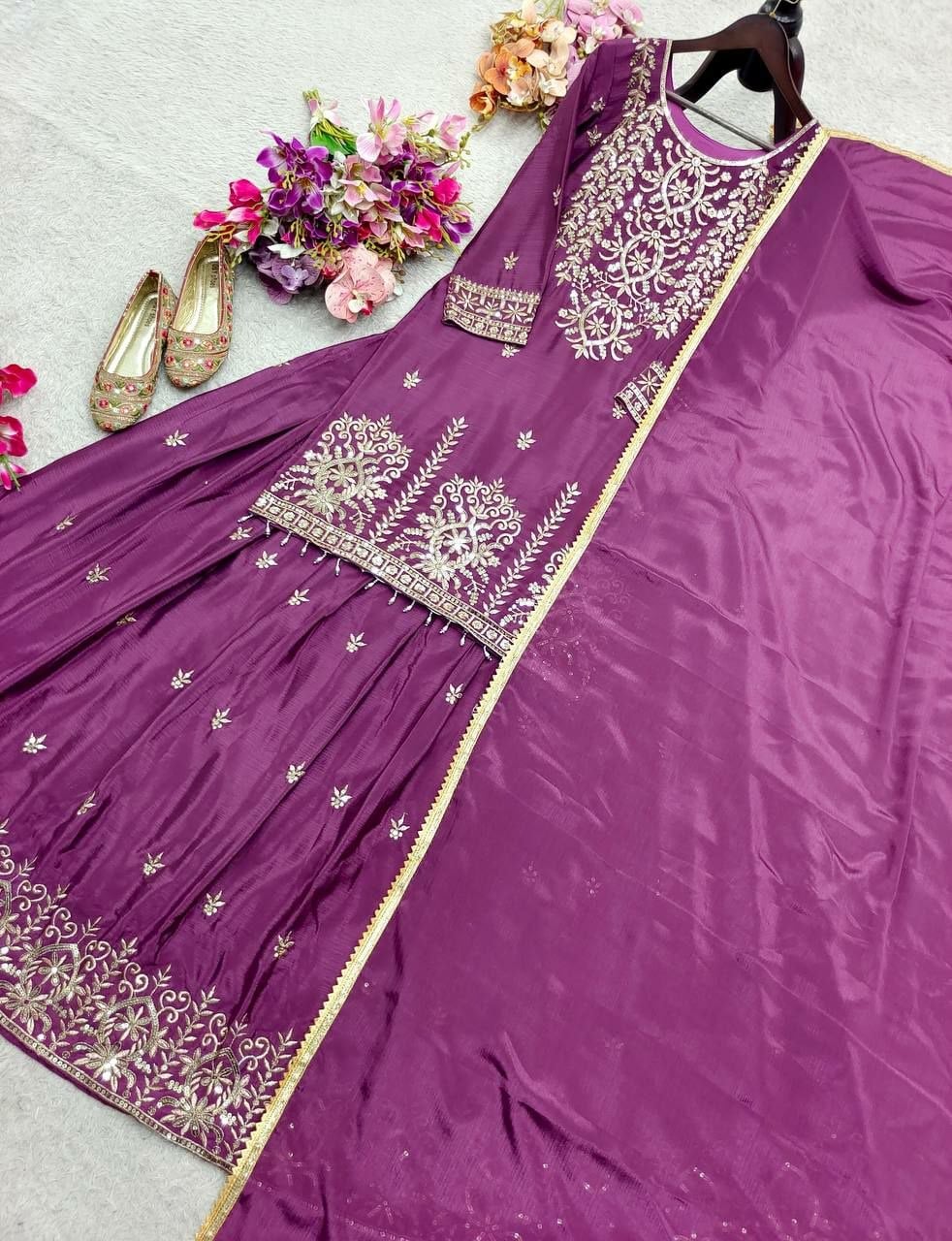 Pure Chinon Silk Salwar Suit Set - Purple
