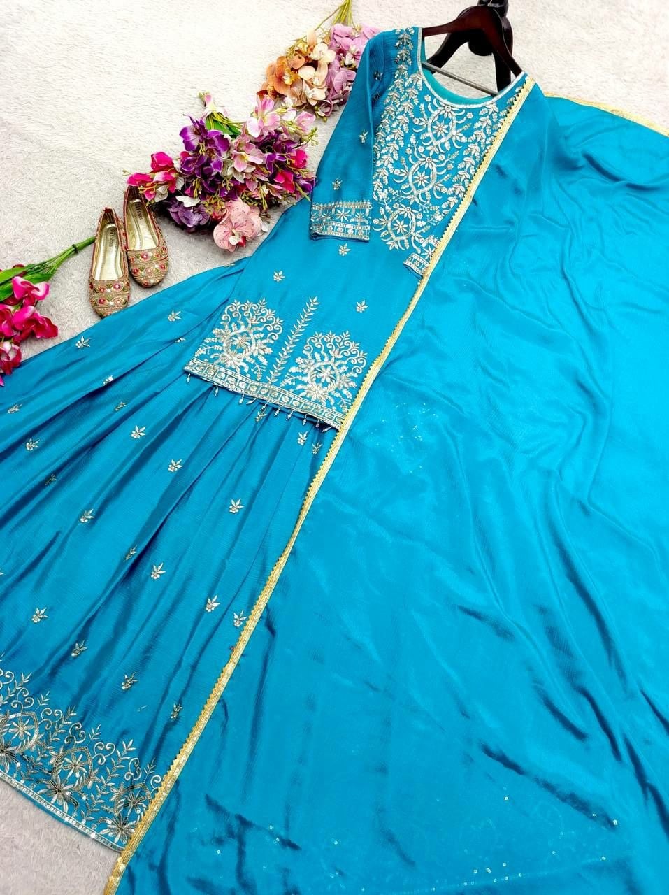 Pure Chinon Silk Salwar Suit Set - Blue