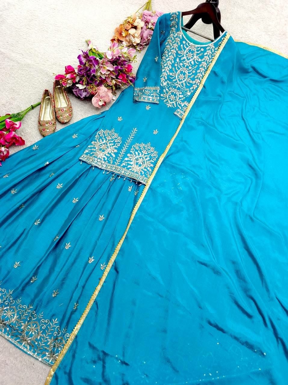 Pure Chinon Silk Salwar Suit Set - Blue - view 1