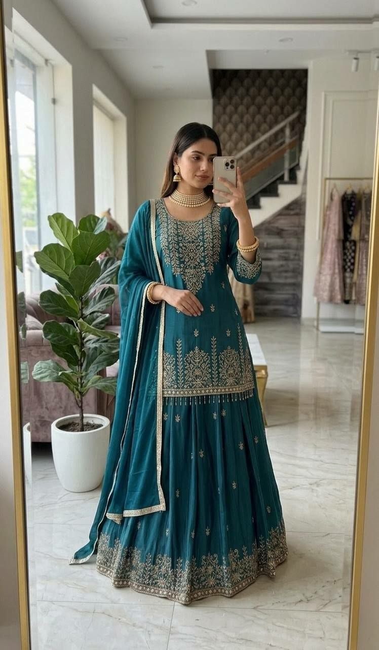 Pure Chinon Silk Salwar Suit Set - Blue