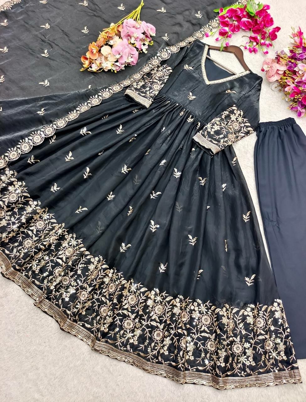 Pure Fendy Satin Silk Anarkali Suit Set - Black - view 2