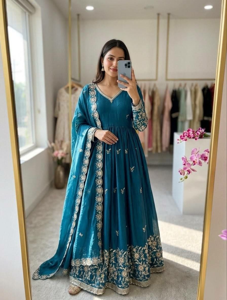 Pure Fendy Satin Silk Anarkali Suit Set - Blue