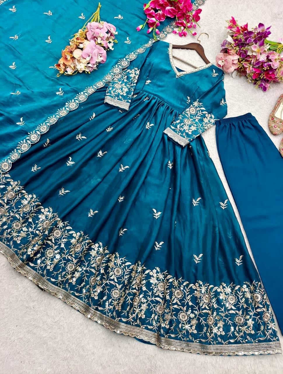 Pure Fendy Satin Silk Anarkali Suit Set - Blue