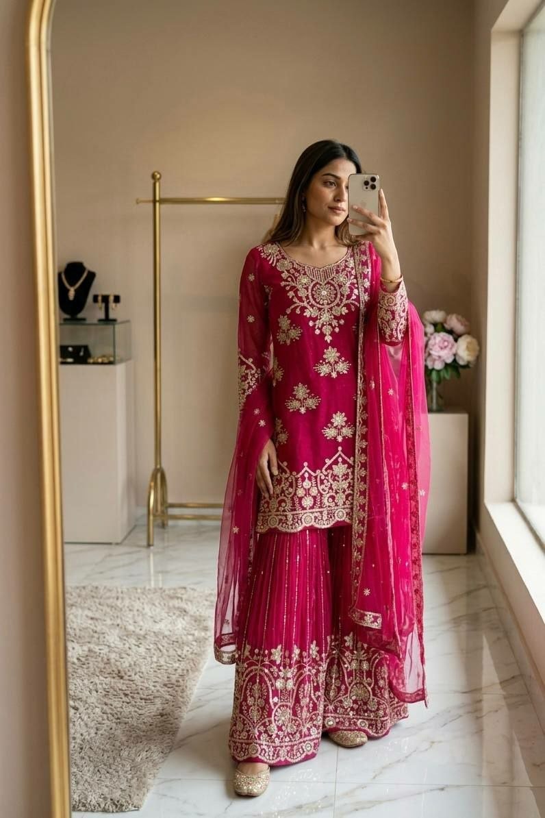 Pure Organza Twine Net SalwarSuit Set - Dark Pink - view 1