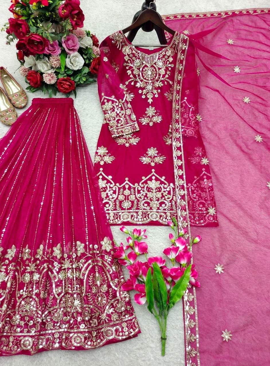 Pure Organza Twine Net SalwarSuit Set - Dark Pink