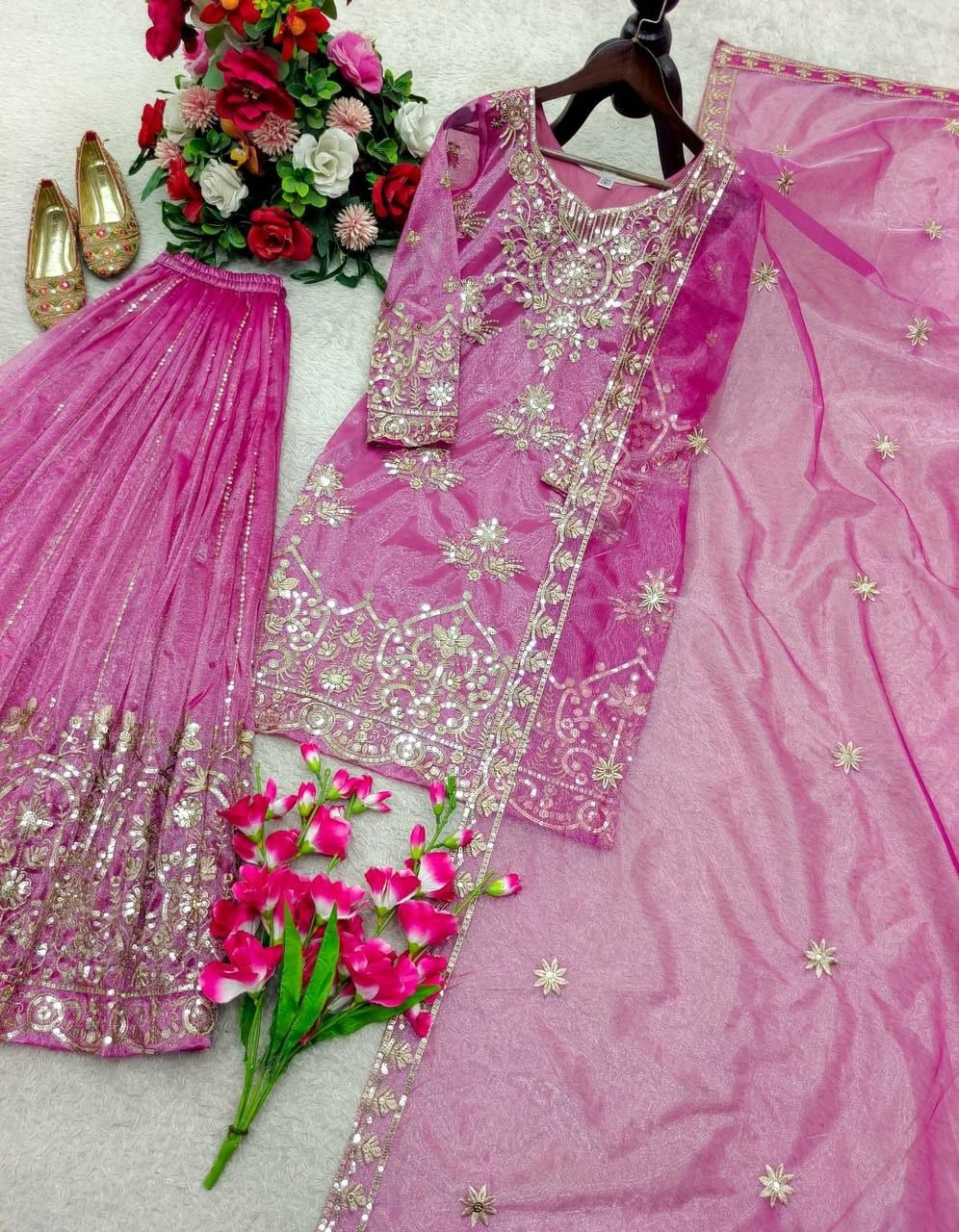 Pure Organza Twine Net SalwarSuit Set - Light Pink