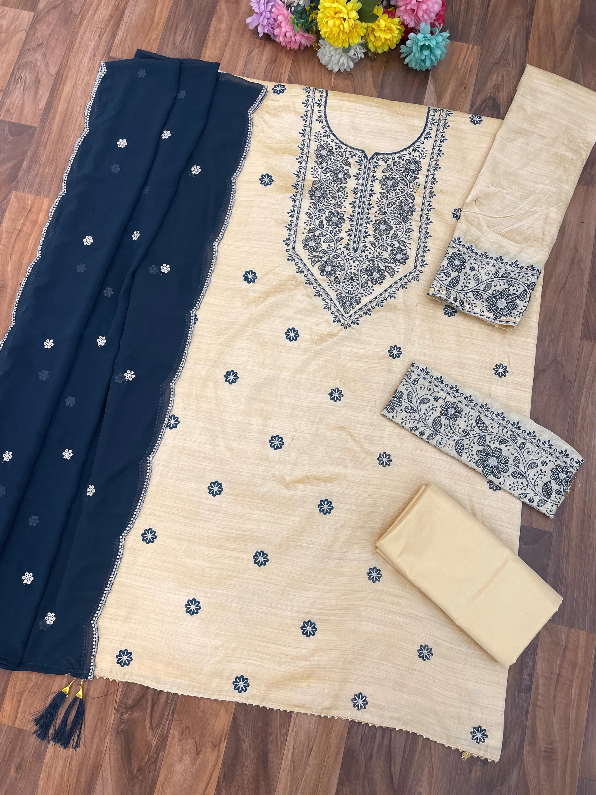 Khadi Cotton Heavy Embroidery Work Suit Set - Rama