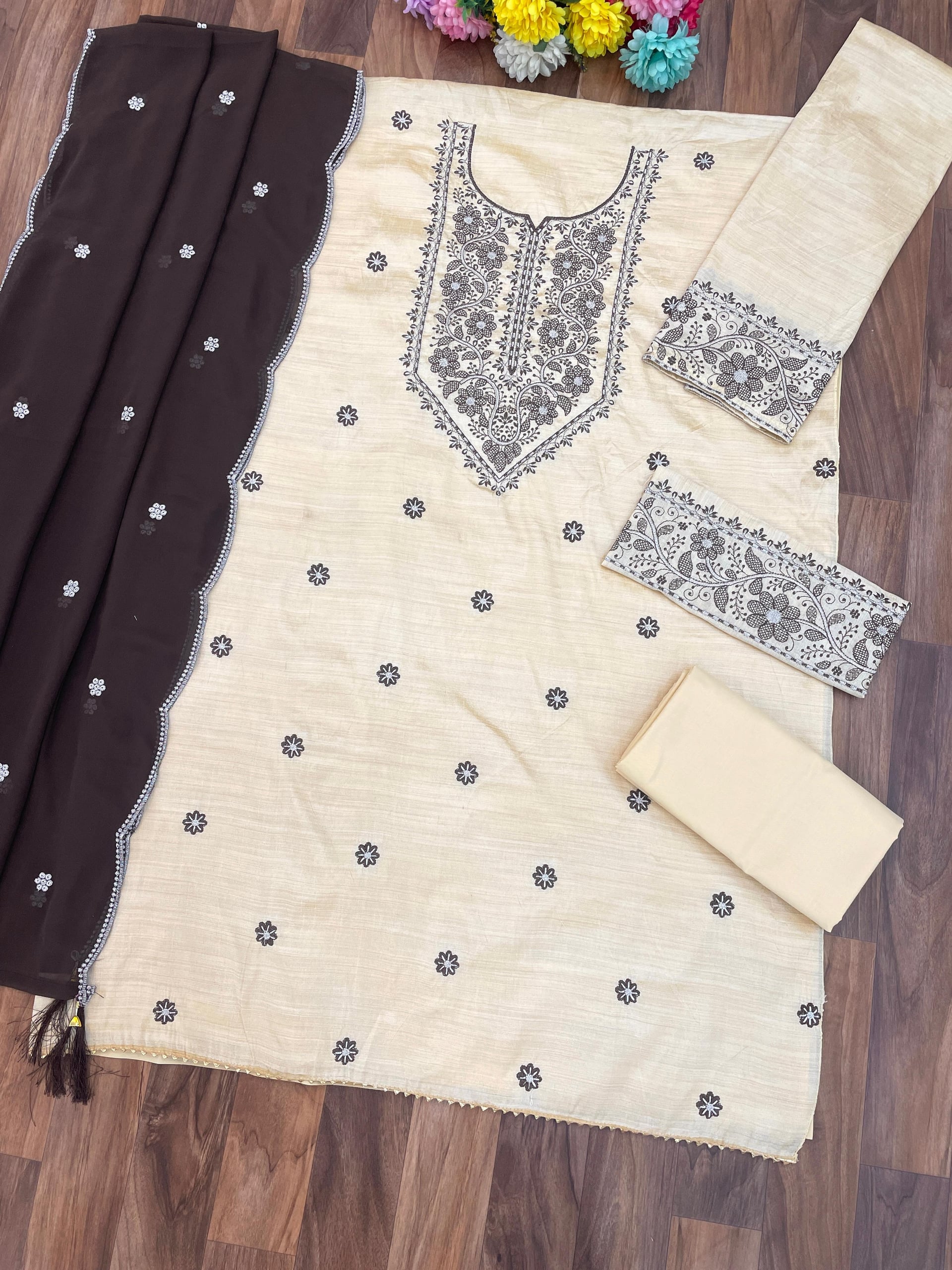 Khadi Cotton Heavy Embroidery Work Suit Set - Black
