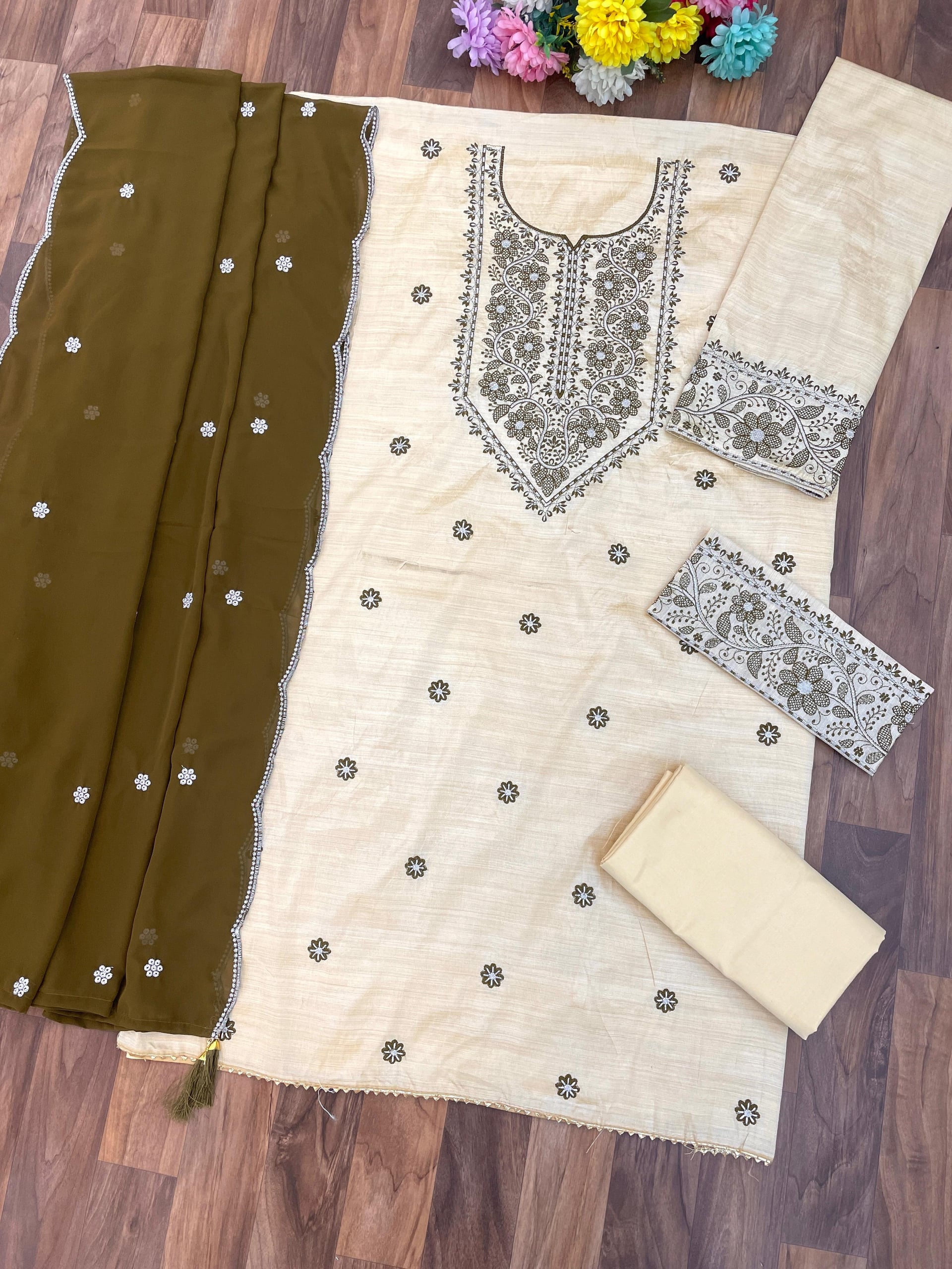 Khadi Cotton Heavy Embroidery Work Suit Set - Mehadi