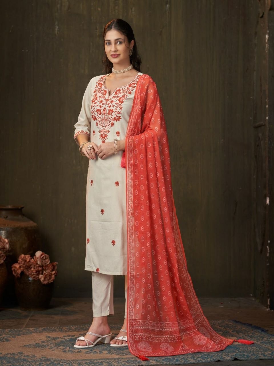 Premium Khadi Cotton Suit Set - Orange - view 4