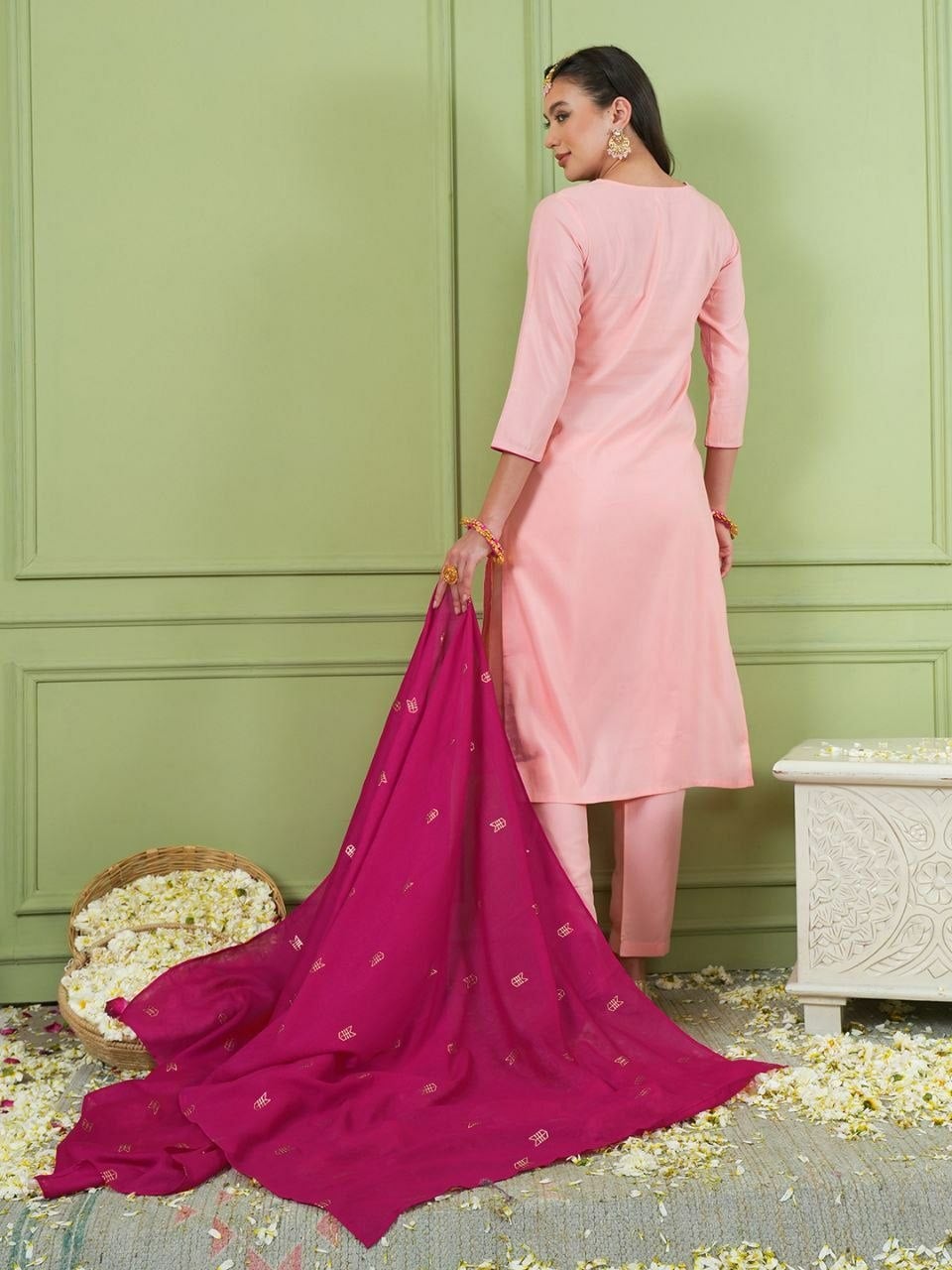 Heavy Simer Gold Silk Suit Set - Pink