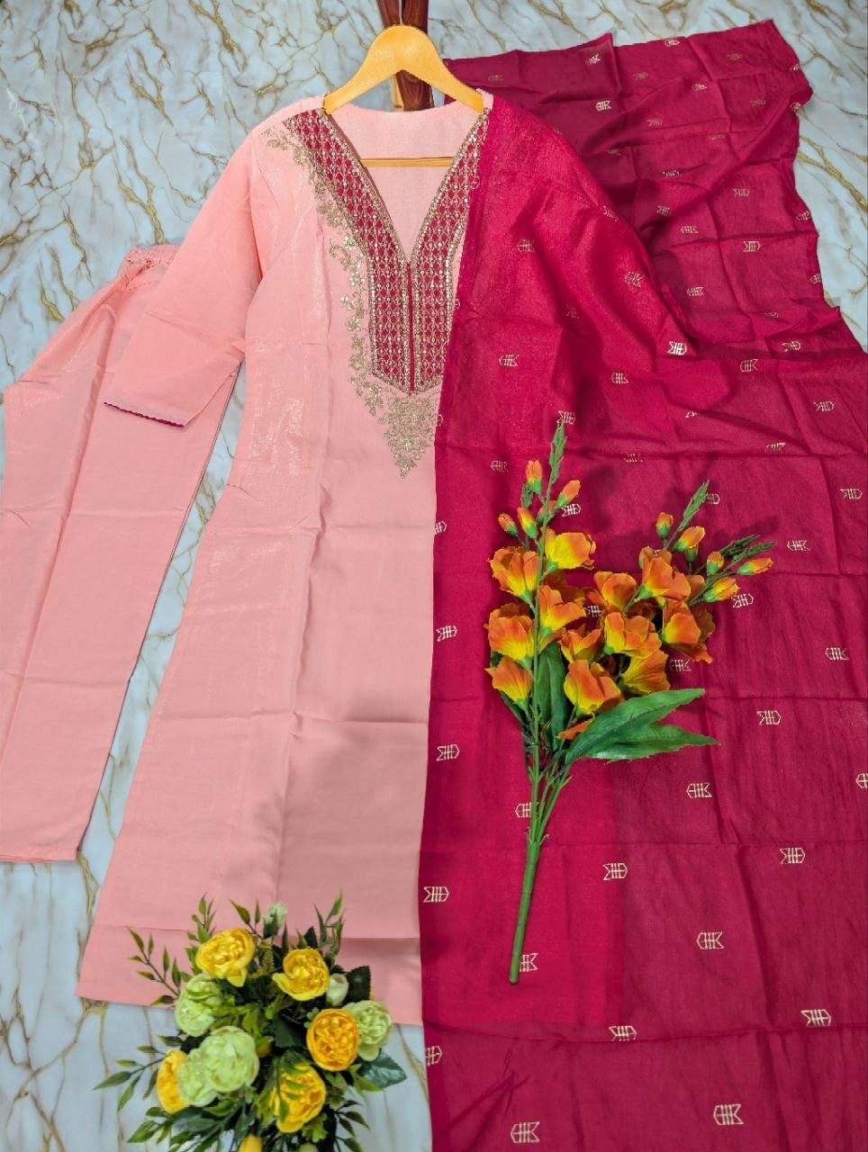 Heavy Simer Gold Silk Suit Set - Pink