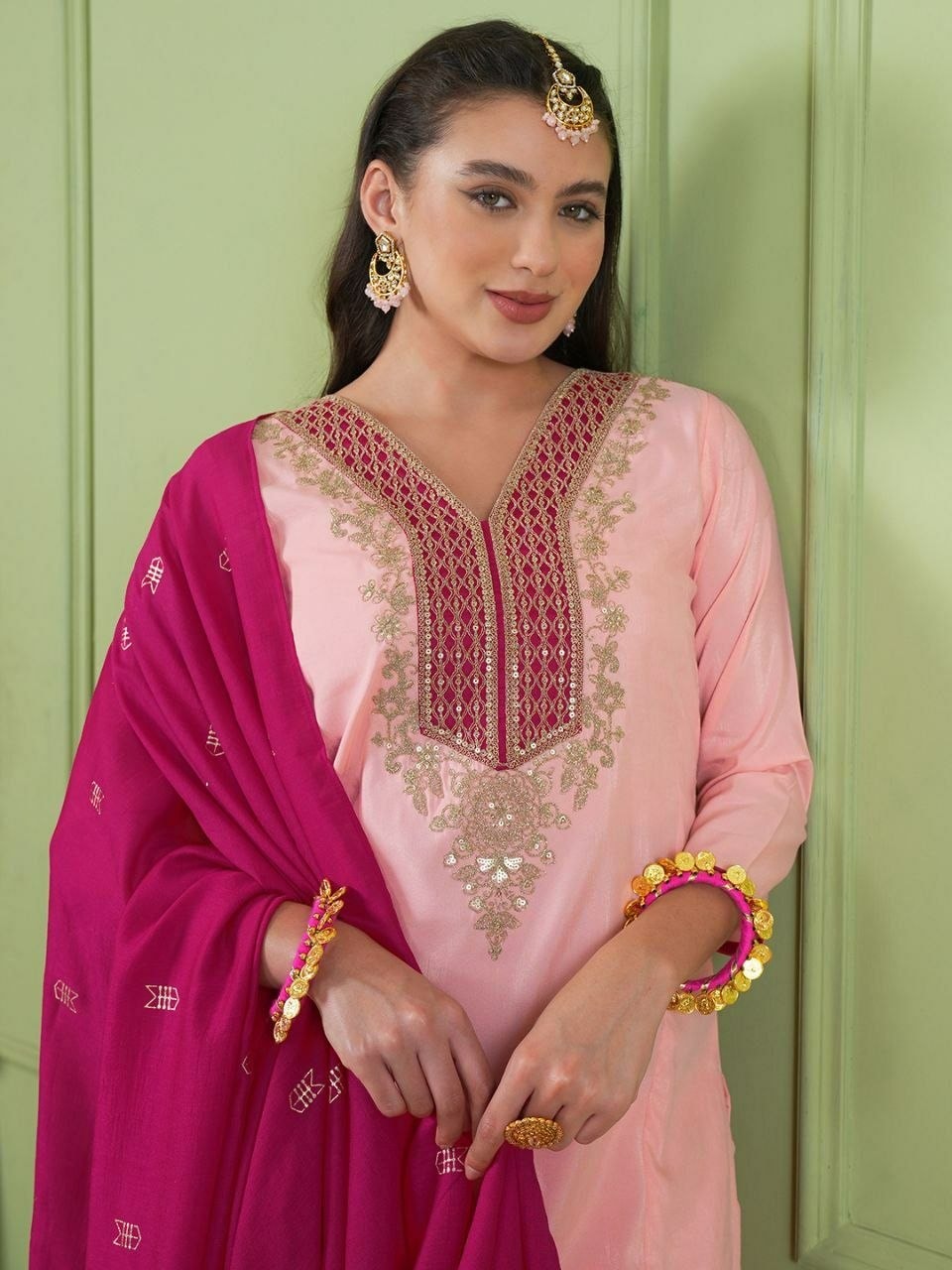 Heavy Simer Gold Silk Suit Set - Pink - view 2