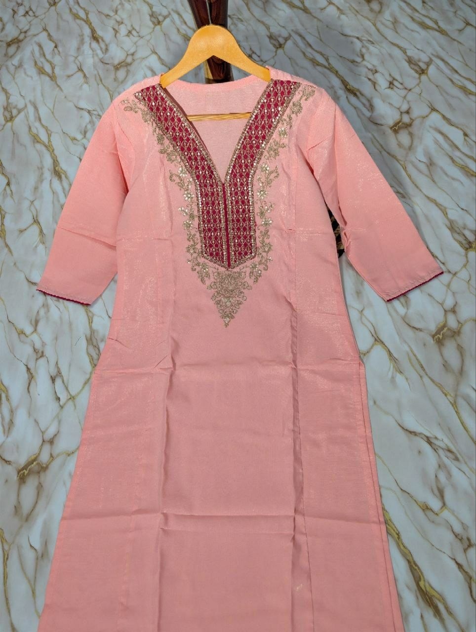 Heavy Simer Gold Silk Suit Set - Pink - view 5