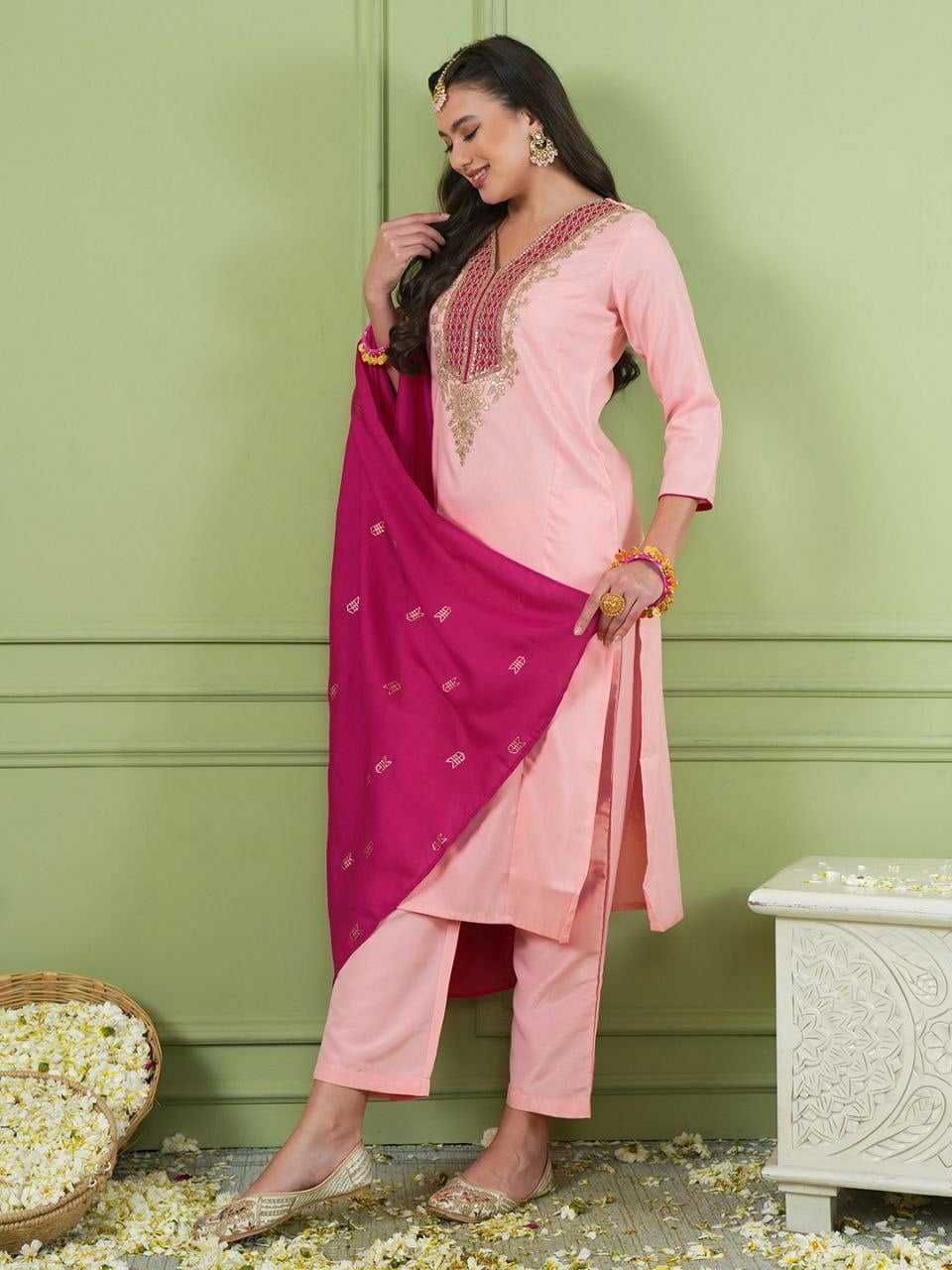 Heavy Simer Gold Silk Suit Set - Pink