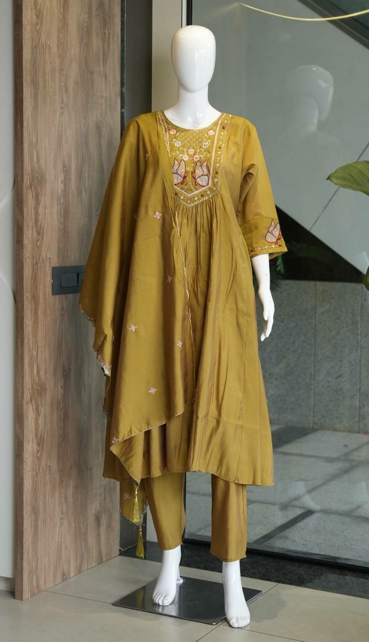 Premium Two-Tone (Too Ton) Silk Suit Set - Yellow - view 2