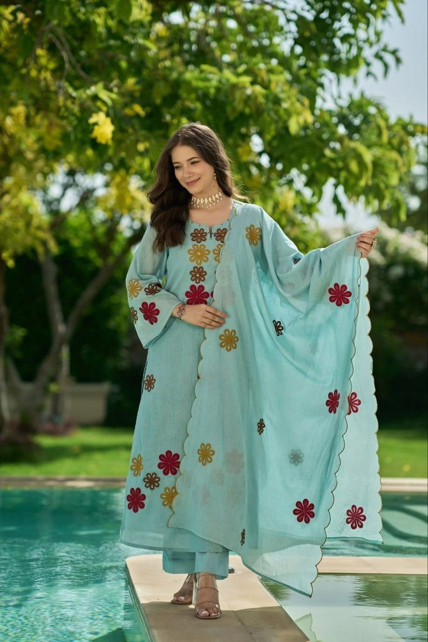 Premium Chanderi Silk Suit Set - Blue