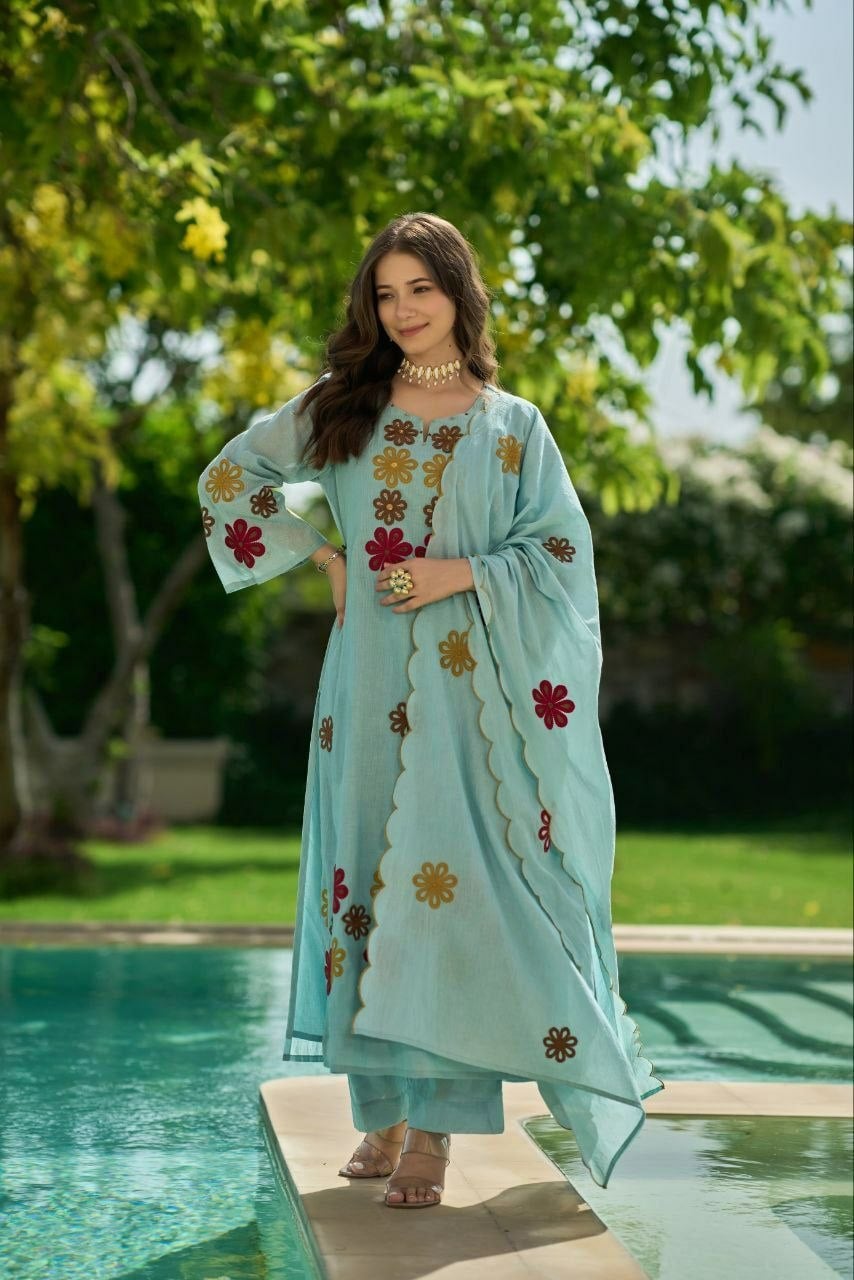 Premium Chanderi Silk Suit Set - Blue