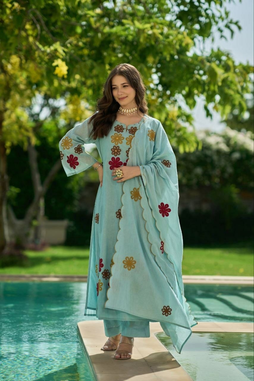 Premium Chanderi Silk Suit Set - Blue - view 2