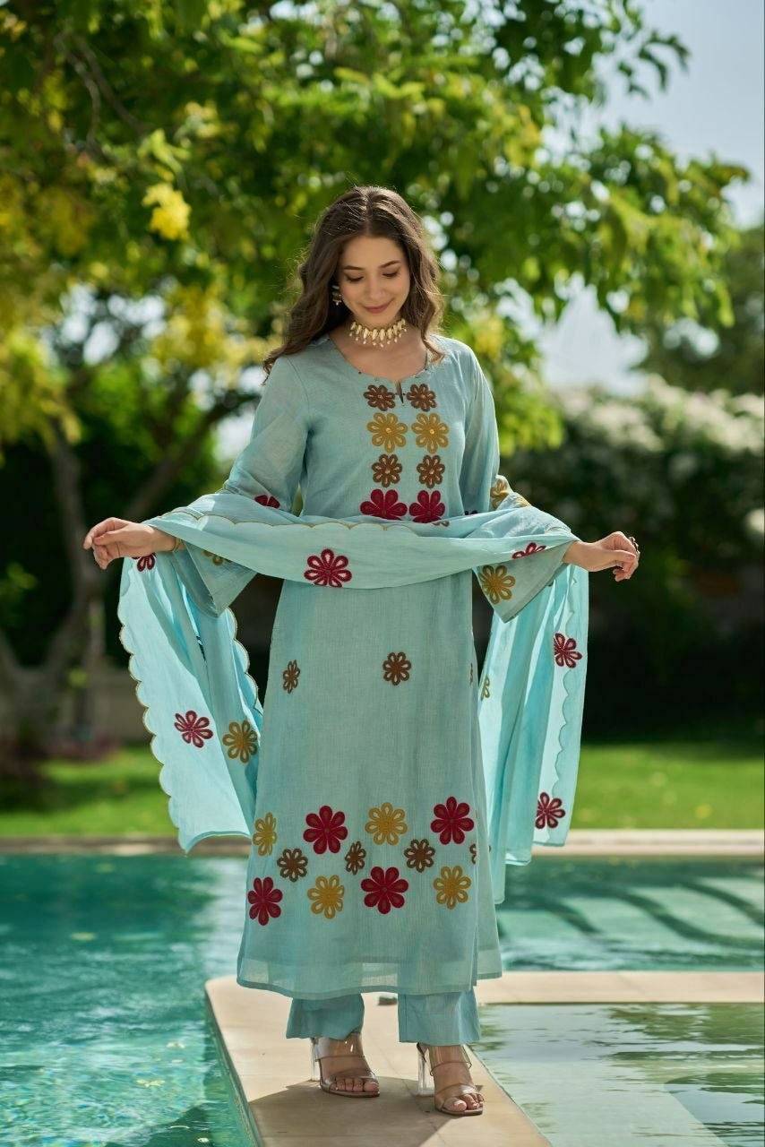 Premium Chanderi Silk Suit Set - Blue - view 5